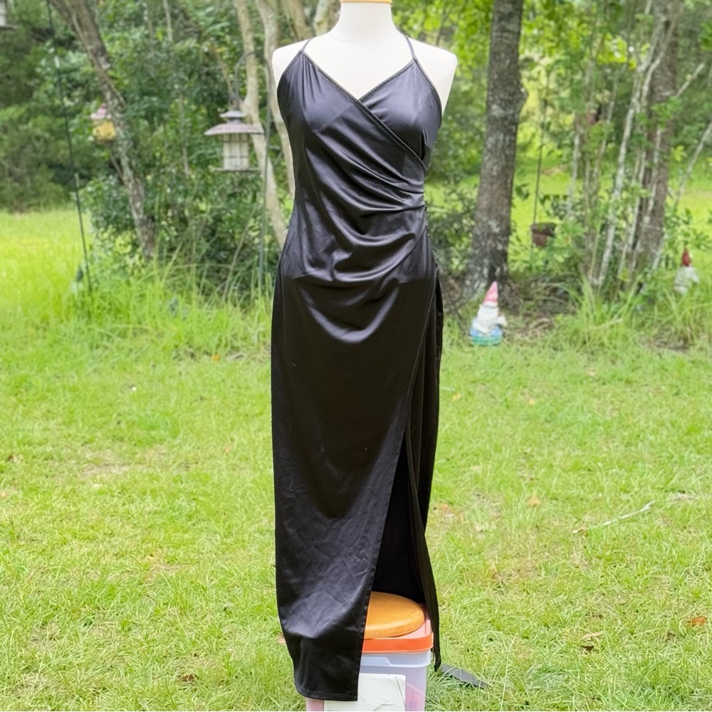 Elegant Black Satiny Halter Evening Dress Size XL